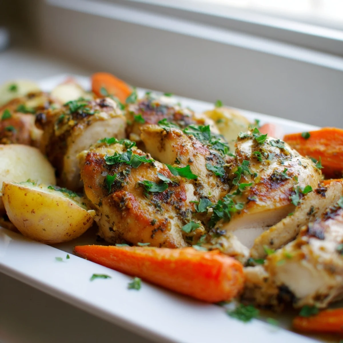 Juicy marinated chicken with baby potatoes and carrots arranged on a parchment-lined baking tray