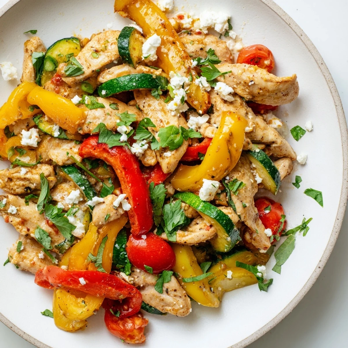 Colorful Mediterranean chicken stir fry with tender chicken, crisp bell peppers, zucchini, and fresh parsley garnish