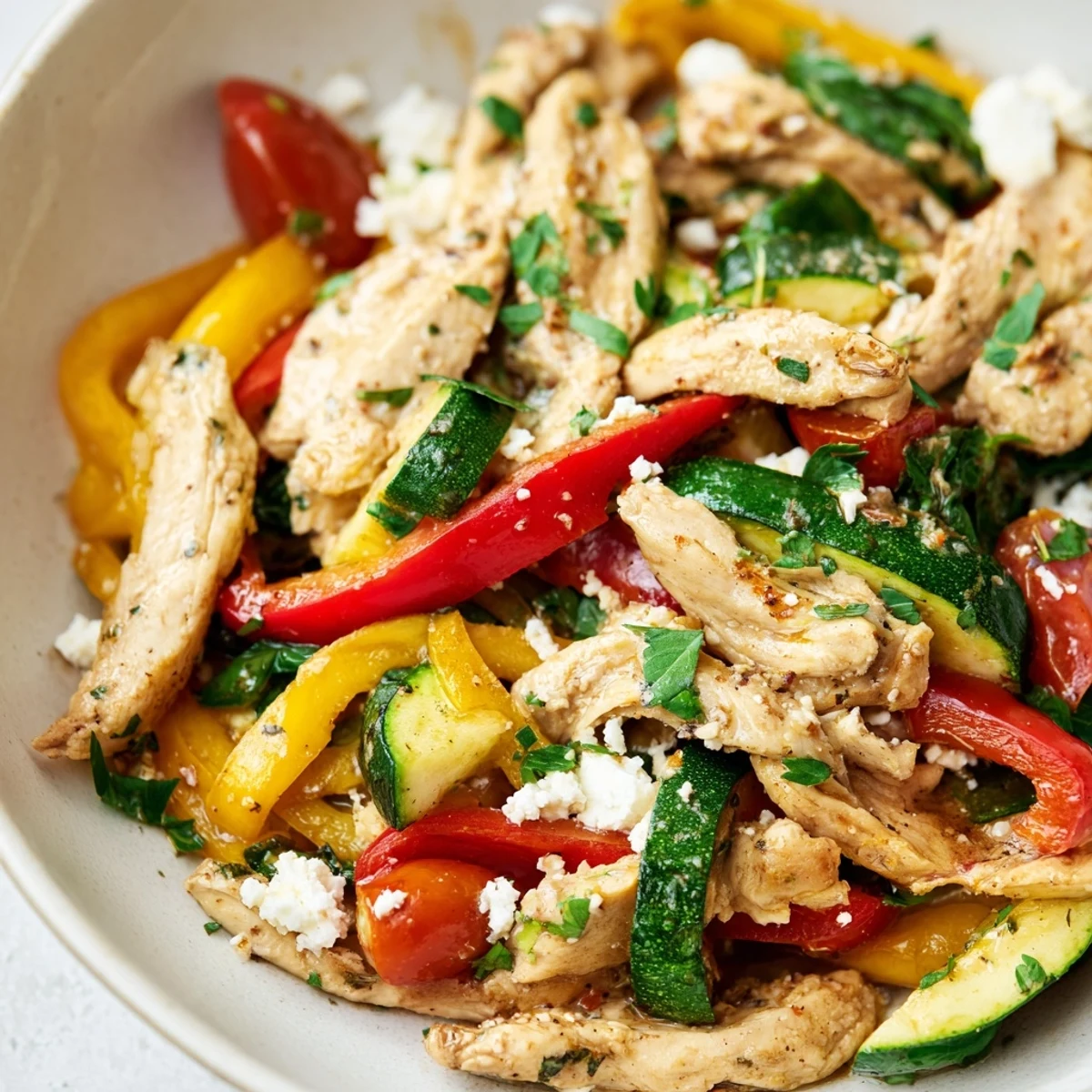 Savory Mediterranean chicken stir fry plated with crumbled feta cheese, zucchini slices, and red bell peppers