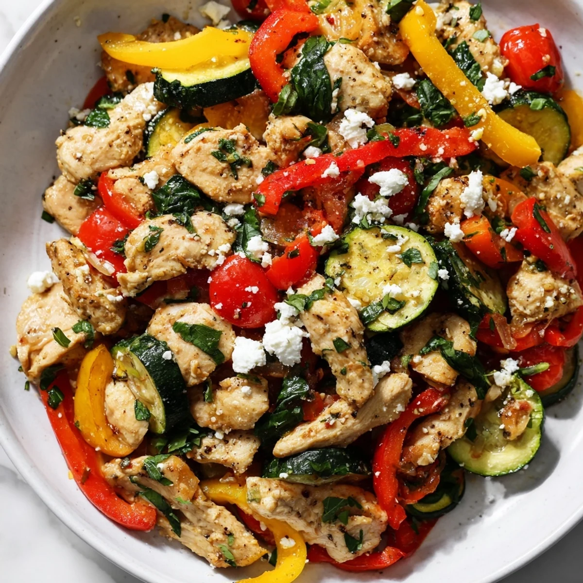 Golden Mediterranean chicken stir fry served in a bowl with juicy cherry tomatoes and wilted spinach