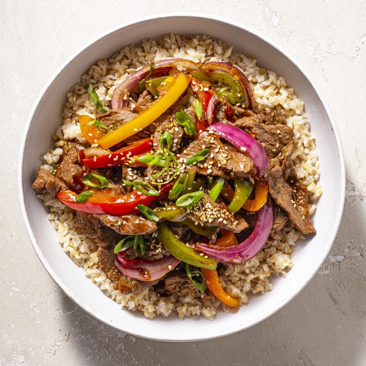 Protein-packed healthy beef and pepper rice bowl served with fresh cilantro and toasted sesame seeds