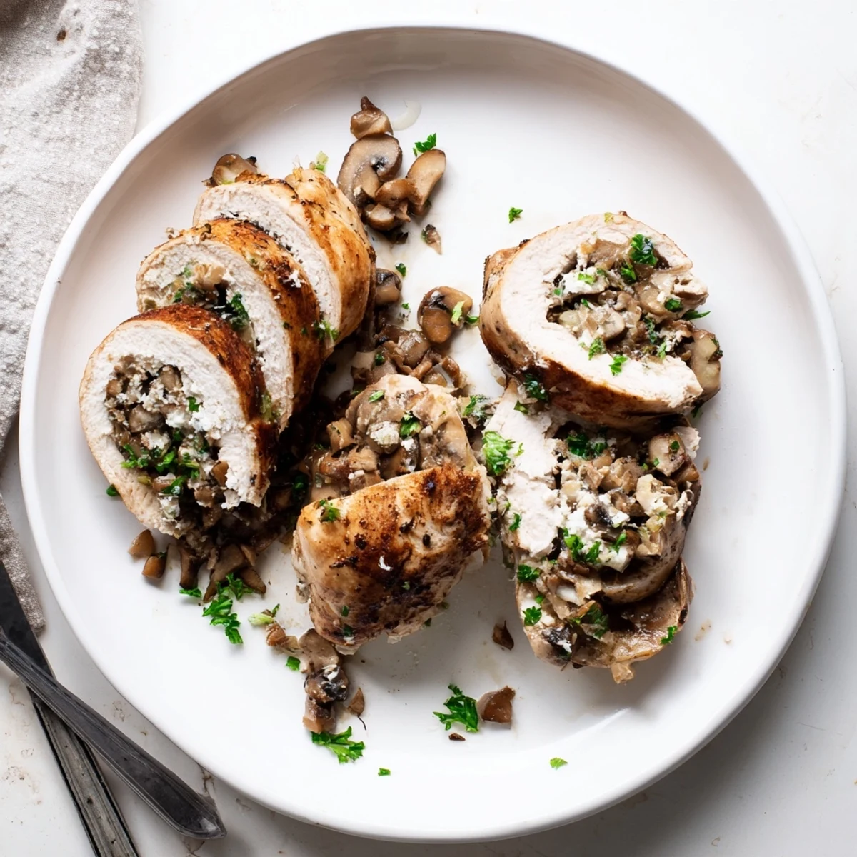 Juicy baked mushroom stuffed chicken breast plated with roasted vegetables and garnished with fresh parsley