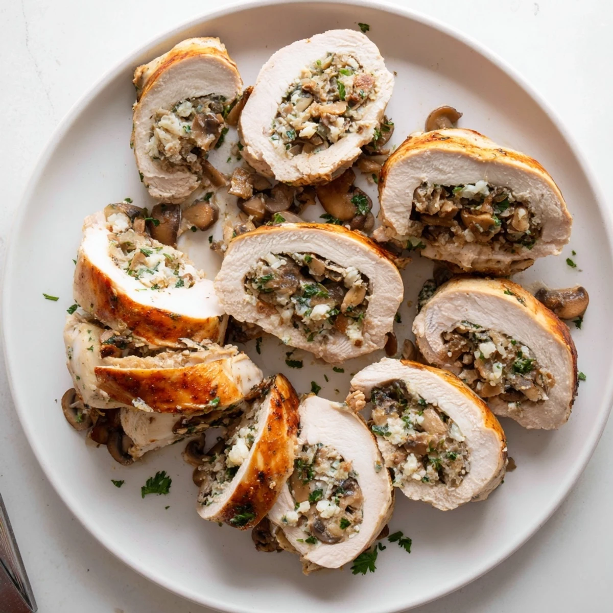 Golden seared mushroom stuffed chicken breast sliced open to reveal savory herb and cheese filling