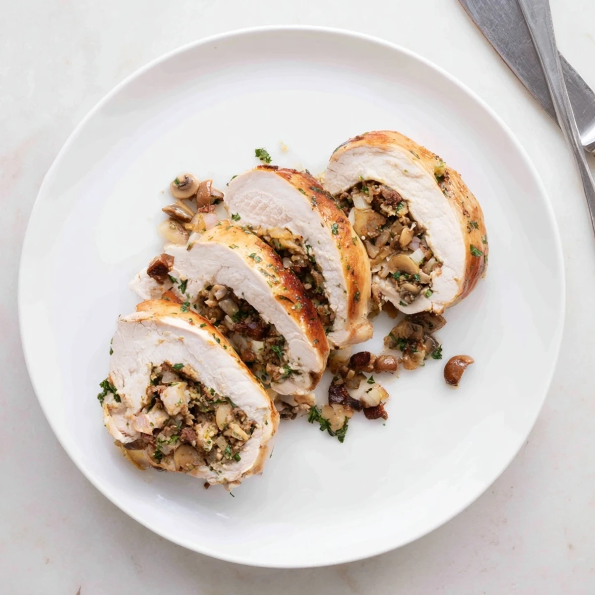 Perfectly cooked mushroom stuffed chicken breast with melted mozzarella and golden mushroom stuffing visible