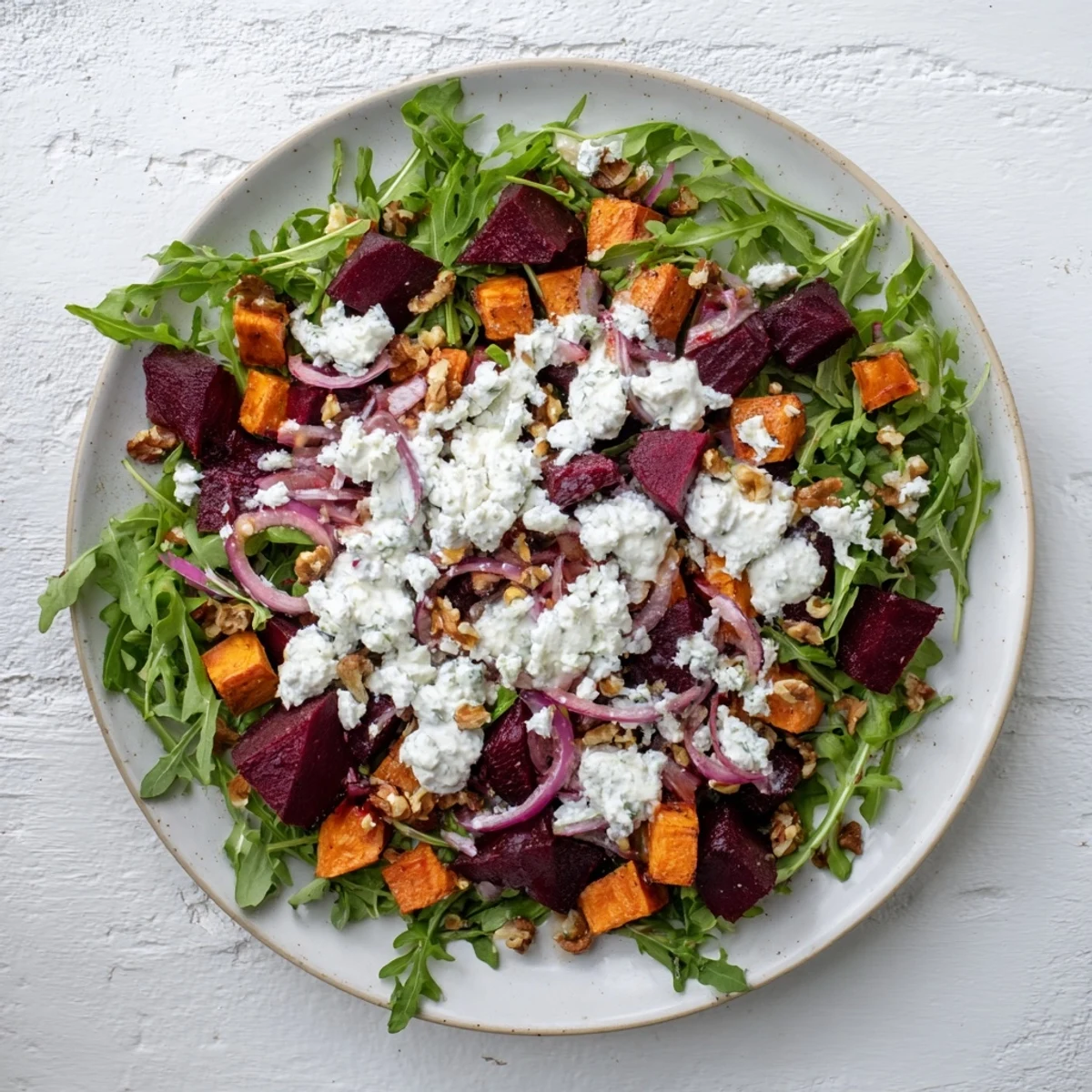 Golden roasted beets and sweet potatoes topped with crumbled feta and creamy yogurt dressing