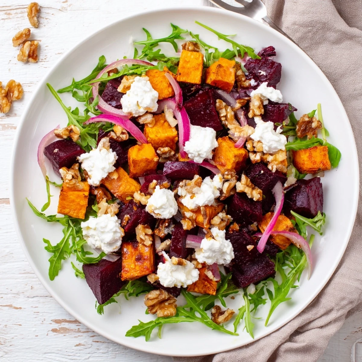 Vibrant bowl of roasted beet salad with sweet potato cubes and tangy feta cheese