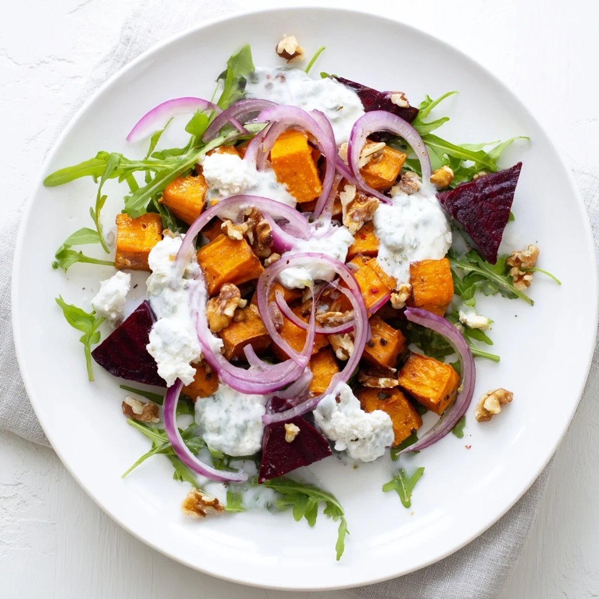 Colorful vegetarian salad featuring tender roasted beets, sweet potatoes, and walnuts in yogurt dressing