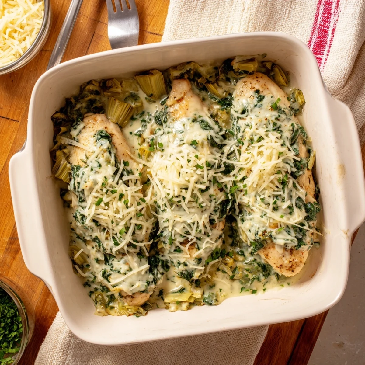 Golden bubbly spinach and artichoke chicken bake fresh from the oven with melted cheese topping