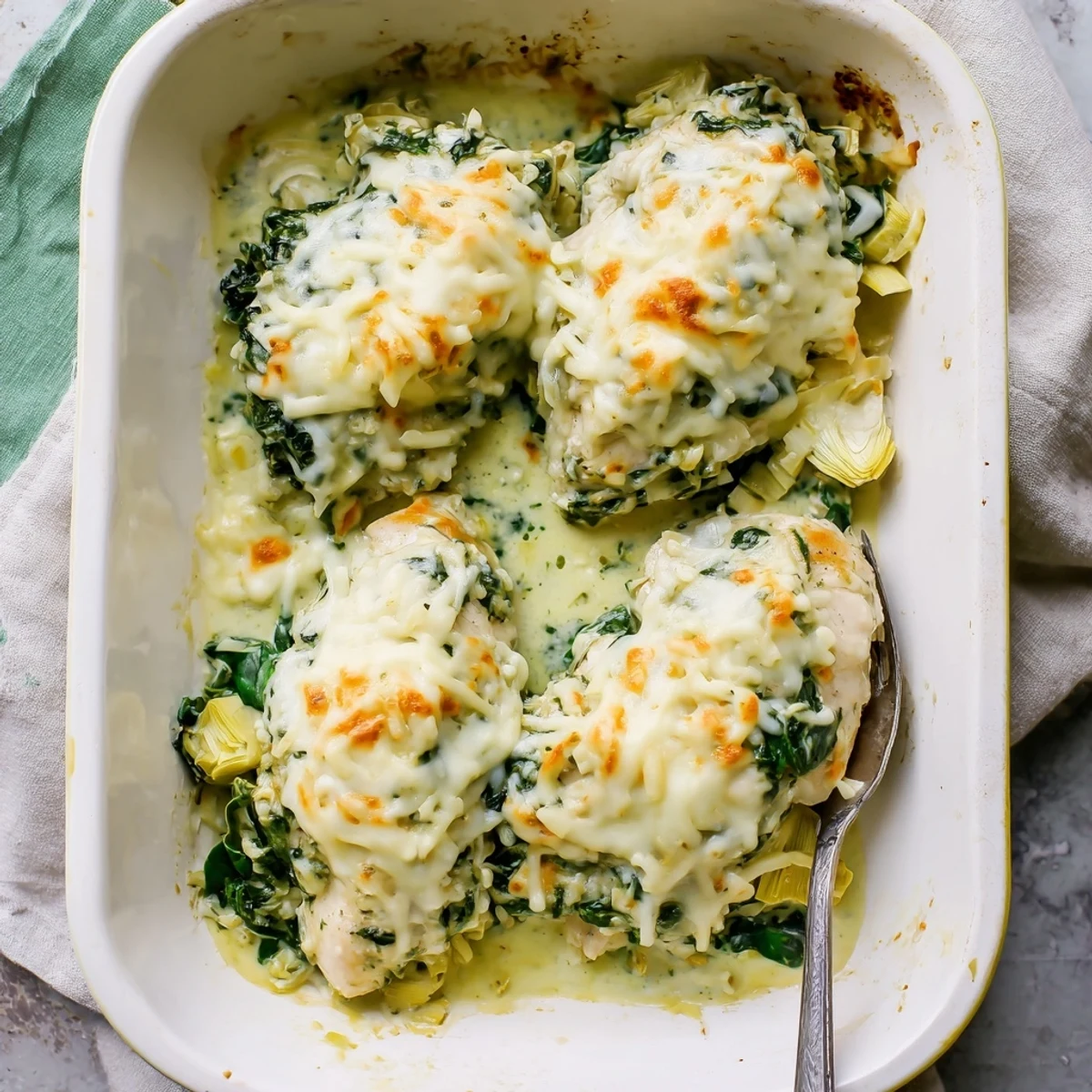 Creamy spinach and artichoke chicken casserole served on a white plate with fork ready for dinner