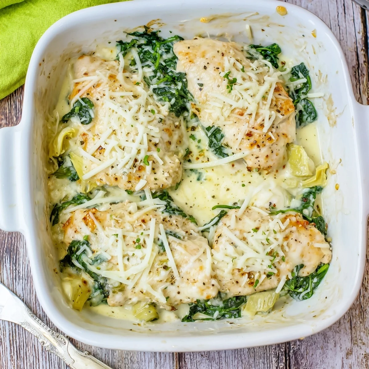 Savory baked chicken breasts topped with spinach artichoke mixture and mozzarella cheese in a glass baking dish