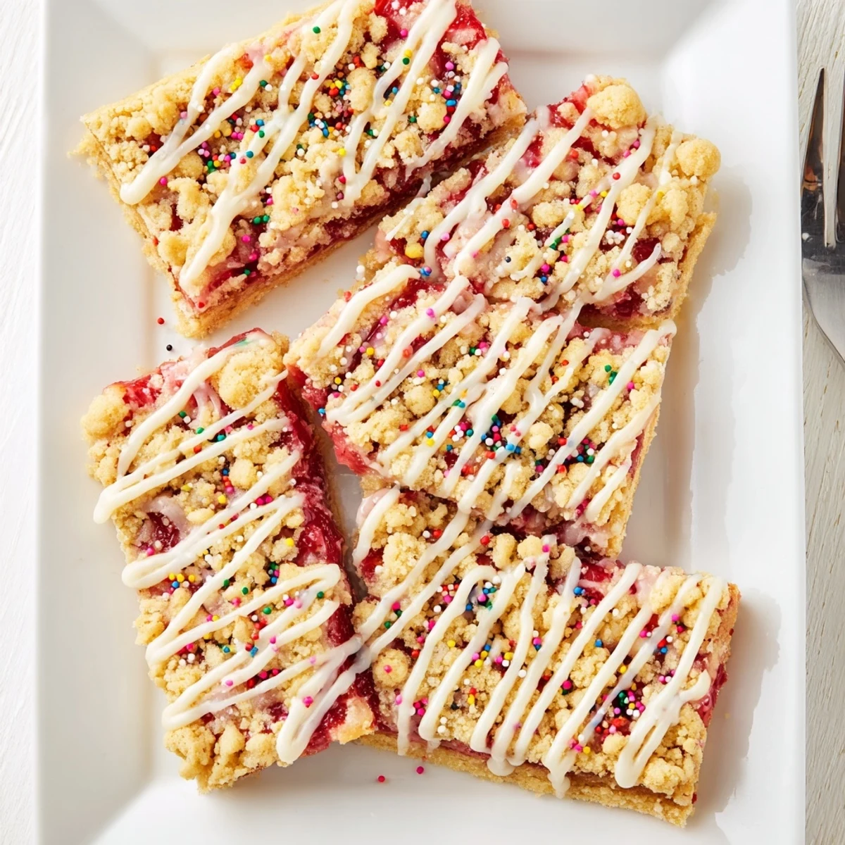 Golden poptart cookie bars topped with white glaze and colorful sprinkles on a wooden board