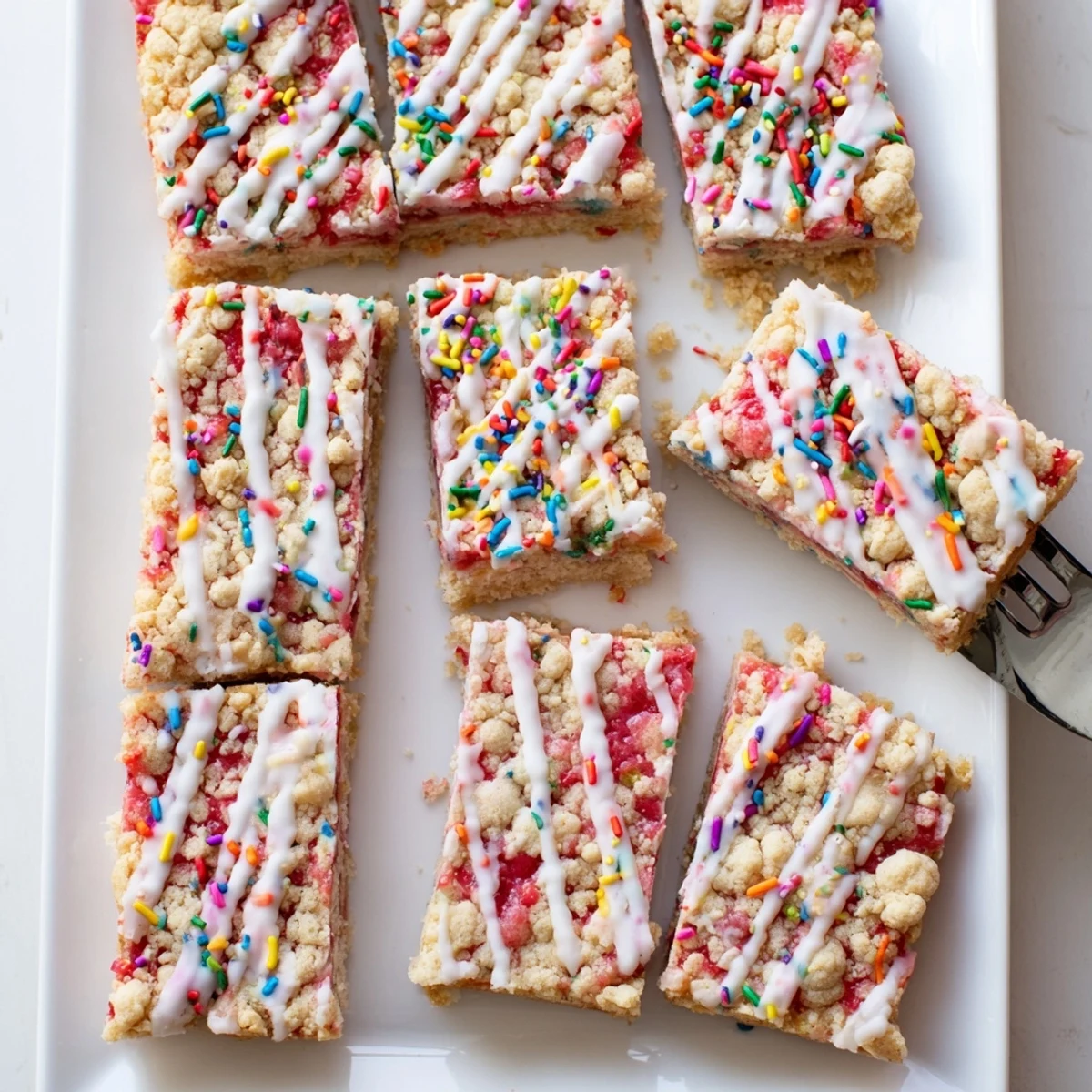 Soft sugar cookie bars layered with strawberry jam and sweet vanilla glaze with rainbow sprinkles