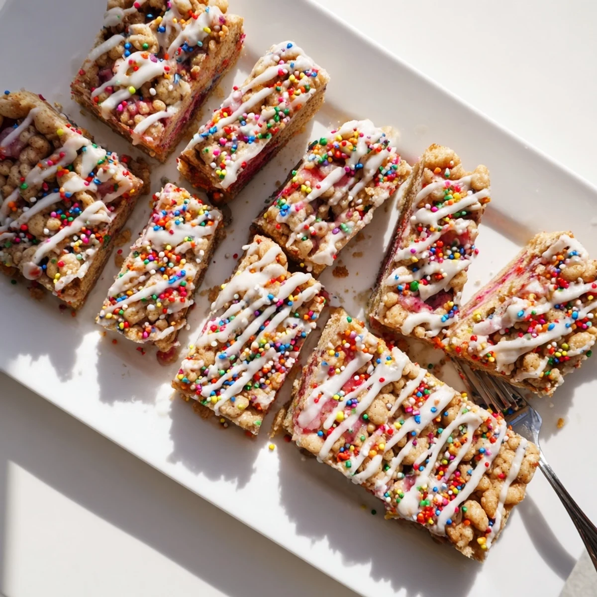 Nostalgic poptart cookie squares featuring crumbly dough fruity filling and drizzled icing on a plate