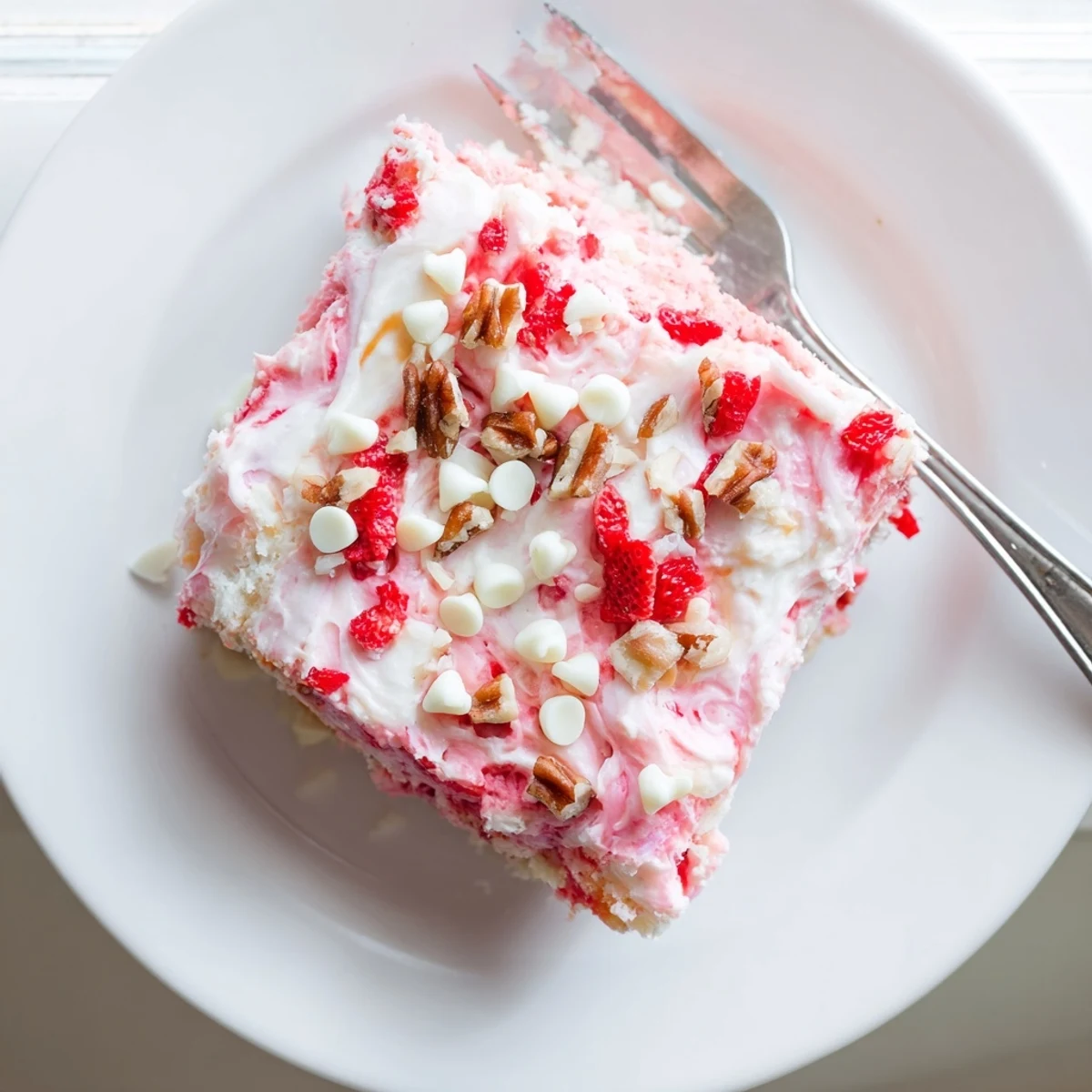 Decadent strawberry earthquake cake with marbled cream cheese swirls and white chocolate chips