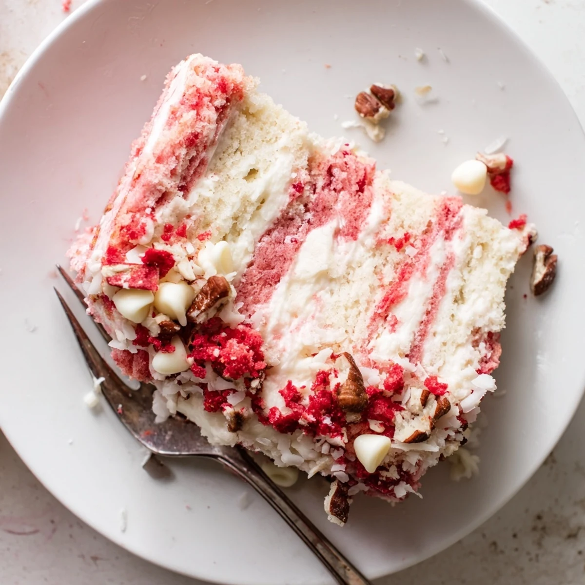 Warm strawberry earthquake cake topped with fresh strawberries, coconut, and crunchy pecans