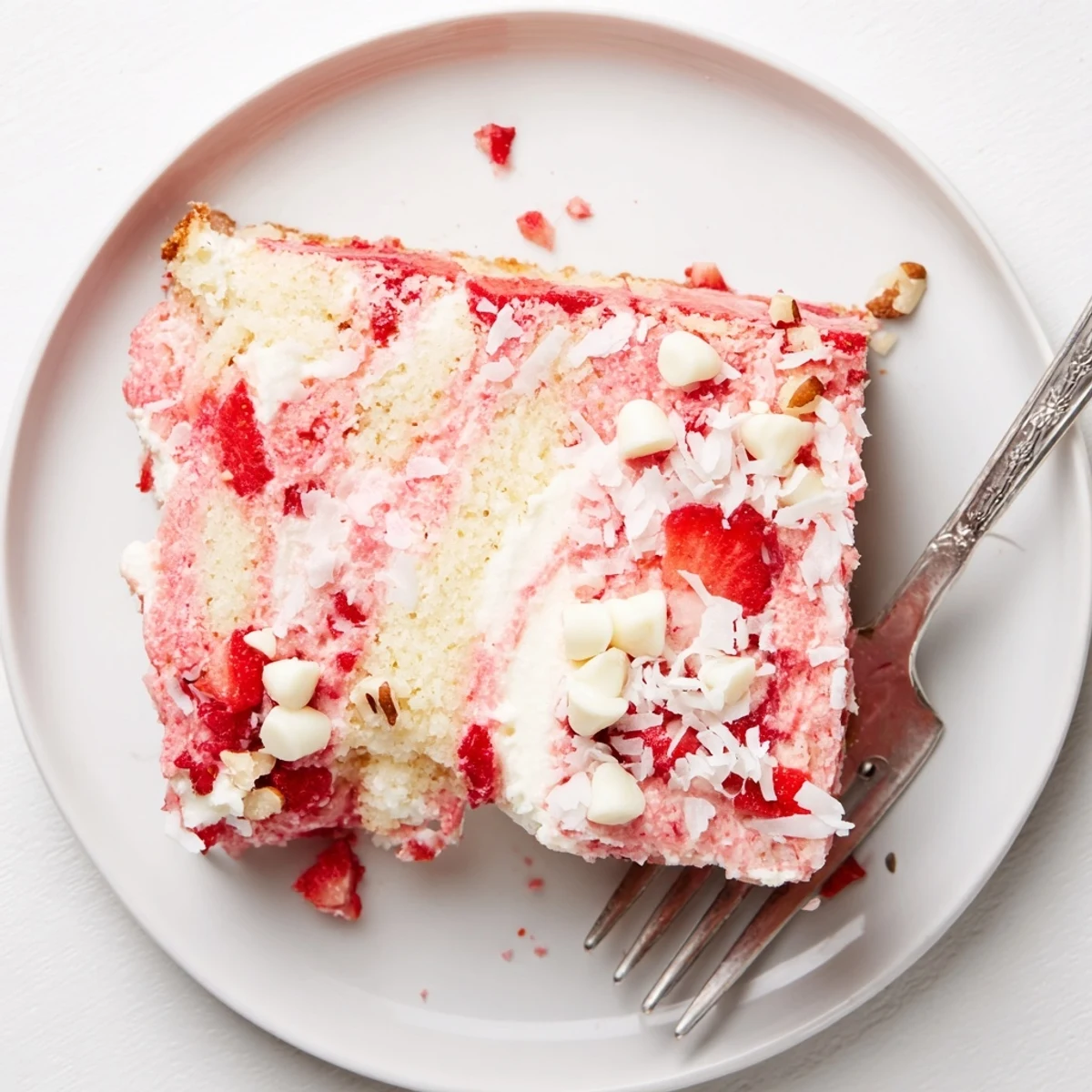 Slice of moist strawberry earthquake cake showing layered cream cheese and fruity strawberry pockets