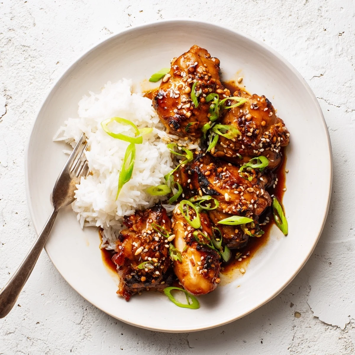 Tender Hawaiian Huli Huli chicken thighs dripping with sweet tangy glaze over fluffy white steamed rice