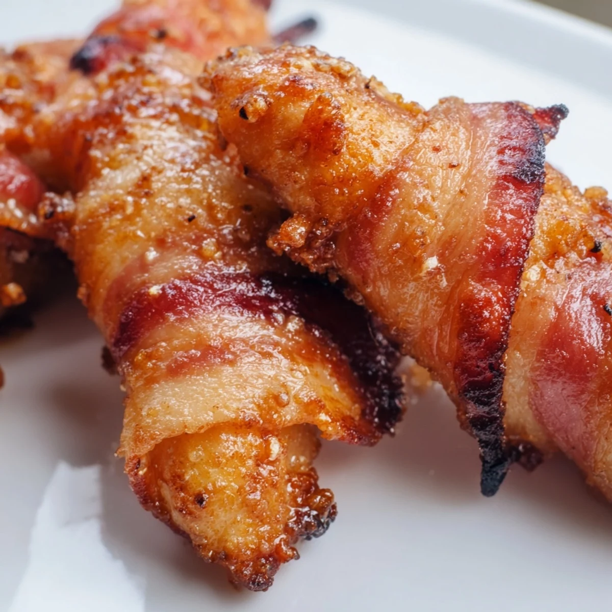 Crispy bacon brown sugar chicken tenders fresh from the oven with caramelized coating