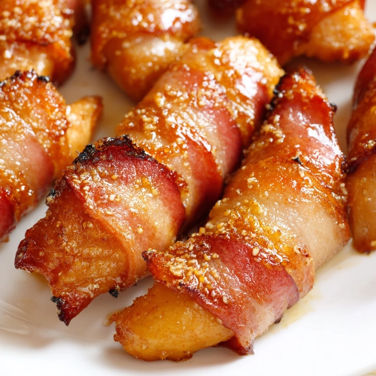 Golden brown sugar glazed chicken tenders wrapped in smoky bacon on wire rack