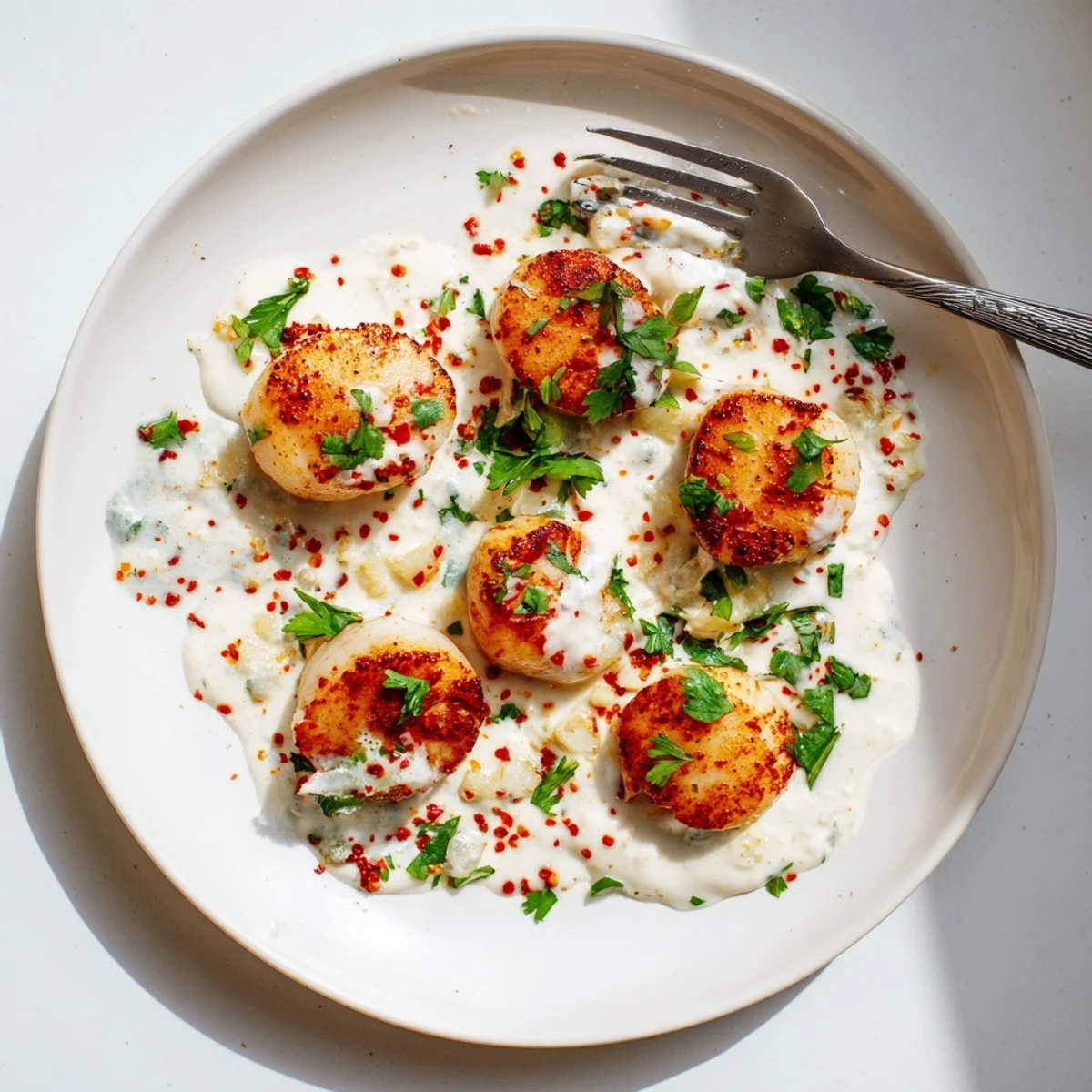 Golden seared sea scallops resting in a spicy Cajun cream sauce with fresh parsley garnish