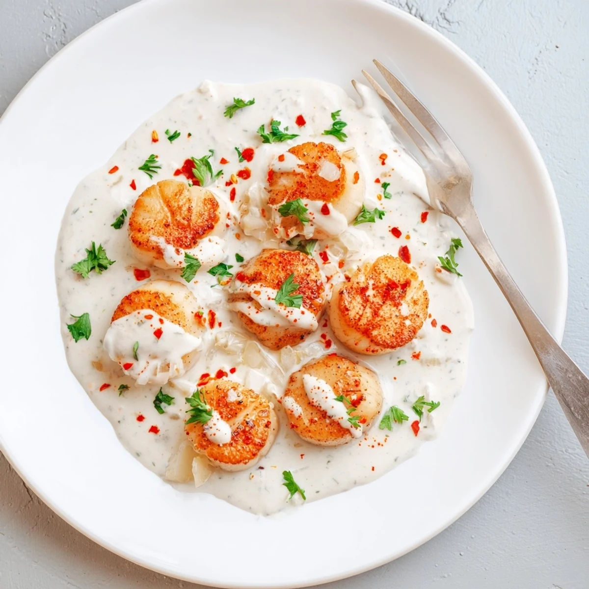 Perfectly pan-seared scallops topped with rich Cajun cream sauce on a white dinner plate