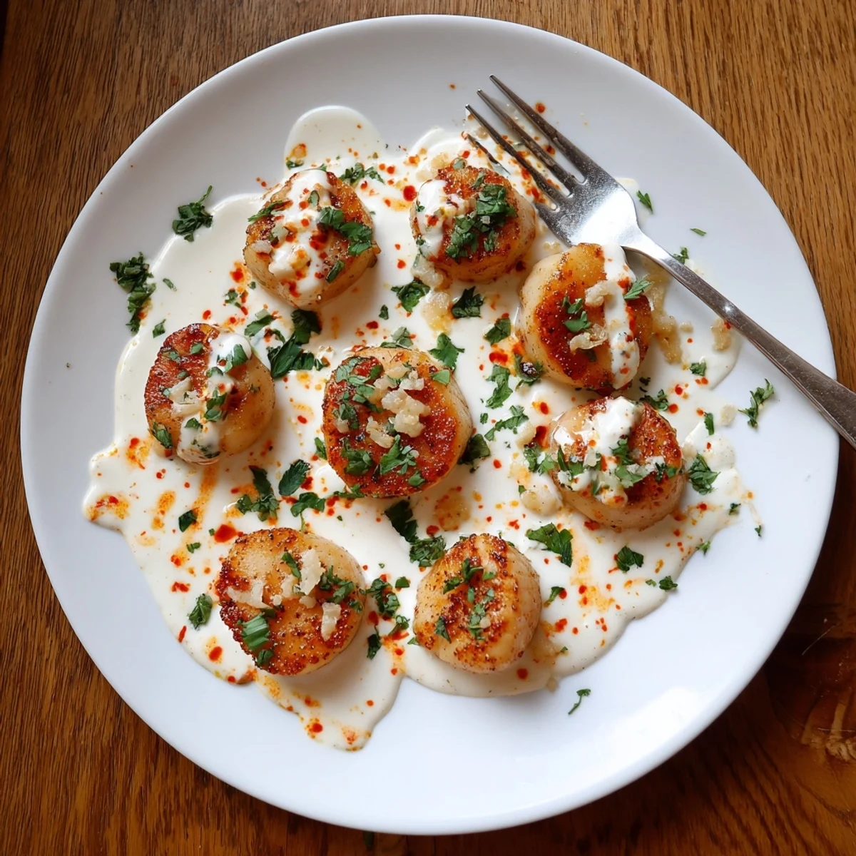 Succulent golden scallops drizzled with creamy Cajun spice sauce and chopped fresh parsley
