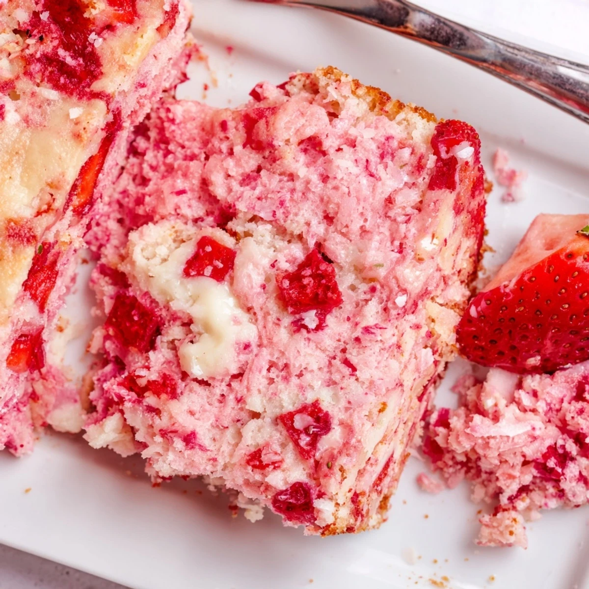 Gooey strawberry earthquake cake with cream cheese swirls and melted white chocolate chips on top