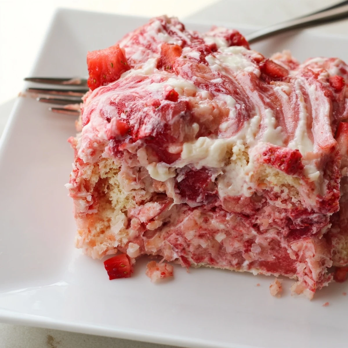 Baked gooey strawberry earthquake cake in a 9x13 pan with golden edges and strawberry pieces visible
