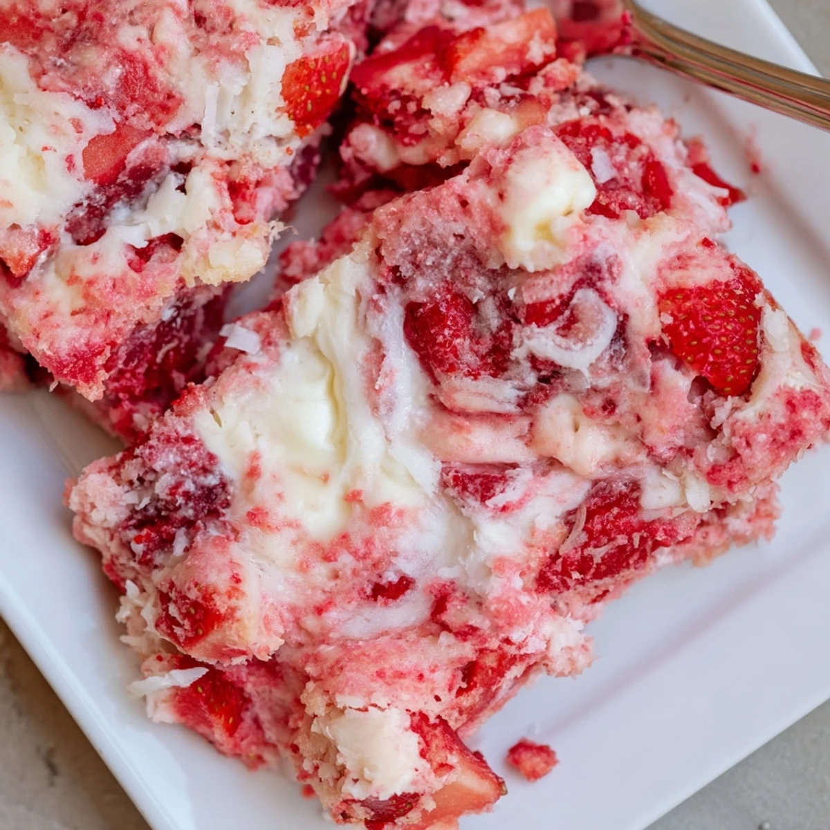 Sliced gooey strawberry earthquake cake showing moist layers with fresh strawberries and marbled cream cheese