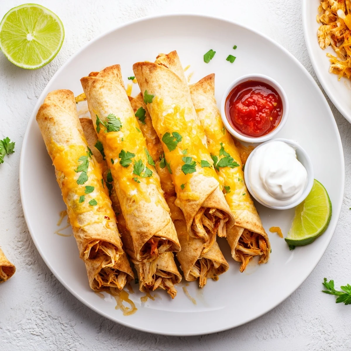 Golden brown crispy chicken taquitos filled with melted cheese and seasoned shredded chicken