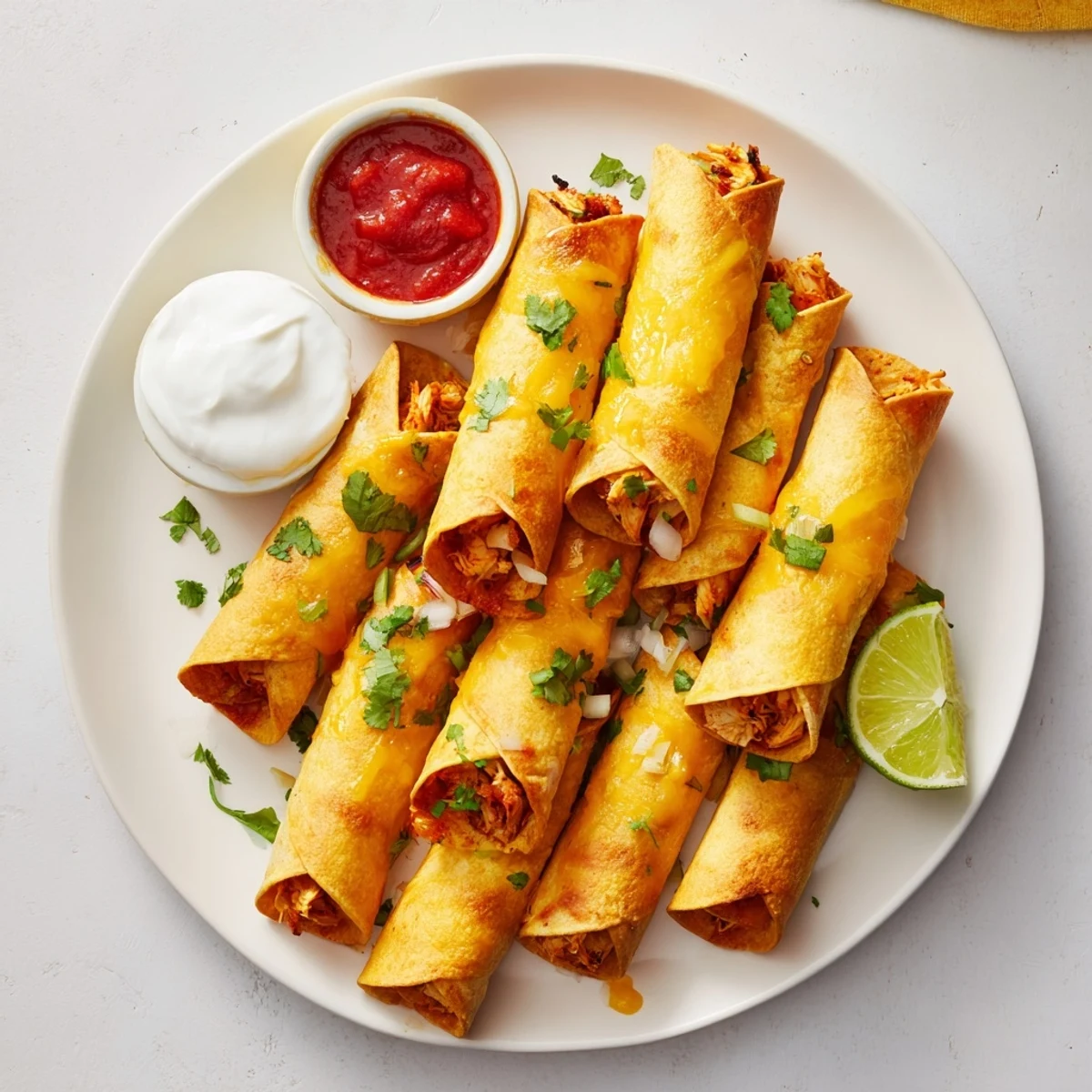 Baked crispy chicken taquitos arranged on serving platter alongside fresh guacamole and red salsa