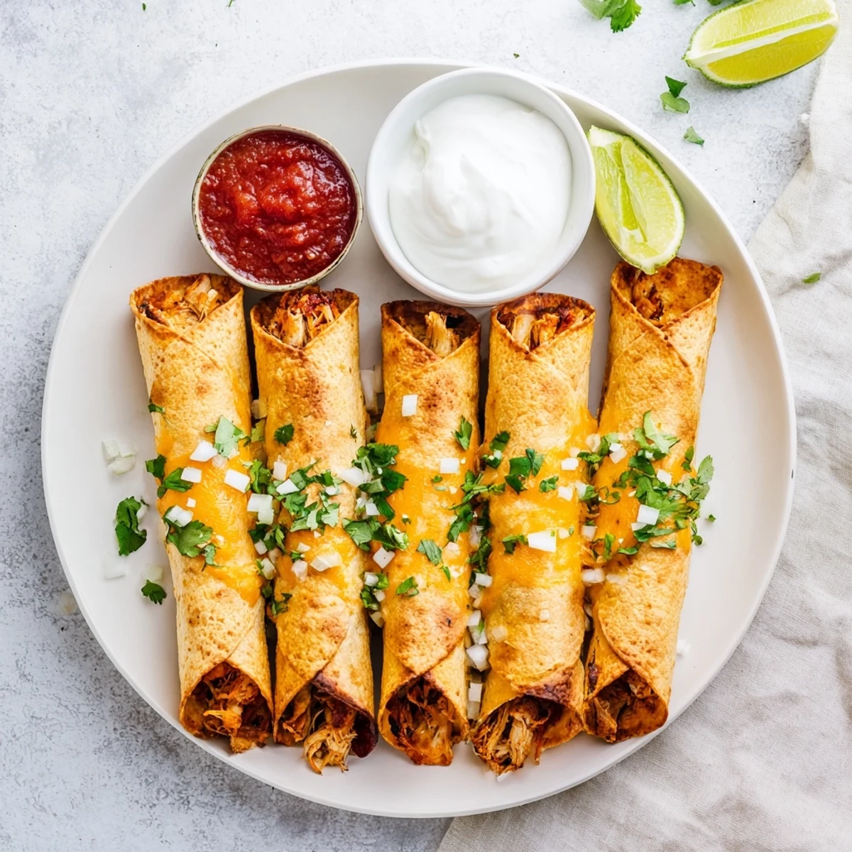 Close-up of crunchy rolled tortillas stuffed with spiced chicken cheese mixture ready for dipping