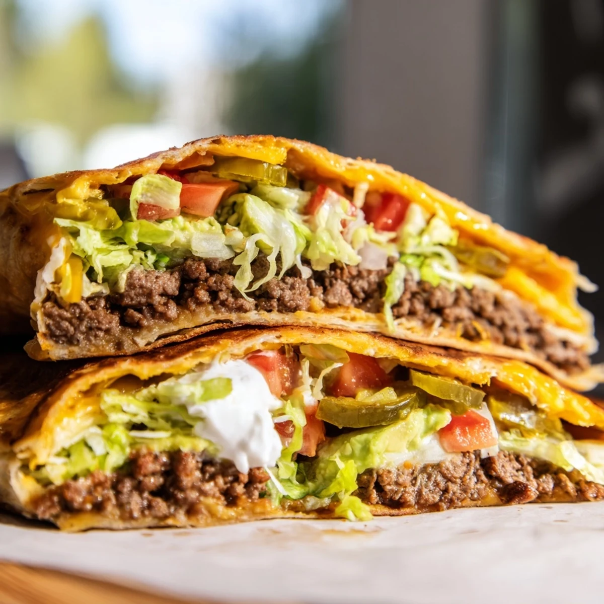 Homemade keto crunchwrap filled with spiced ground beef, creamy avocado, and tangy sour cream on a plate