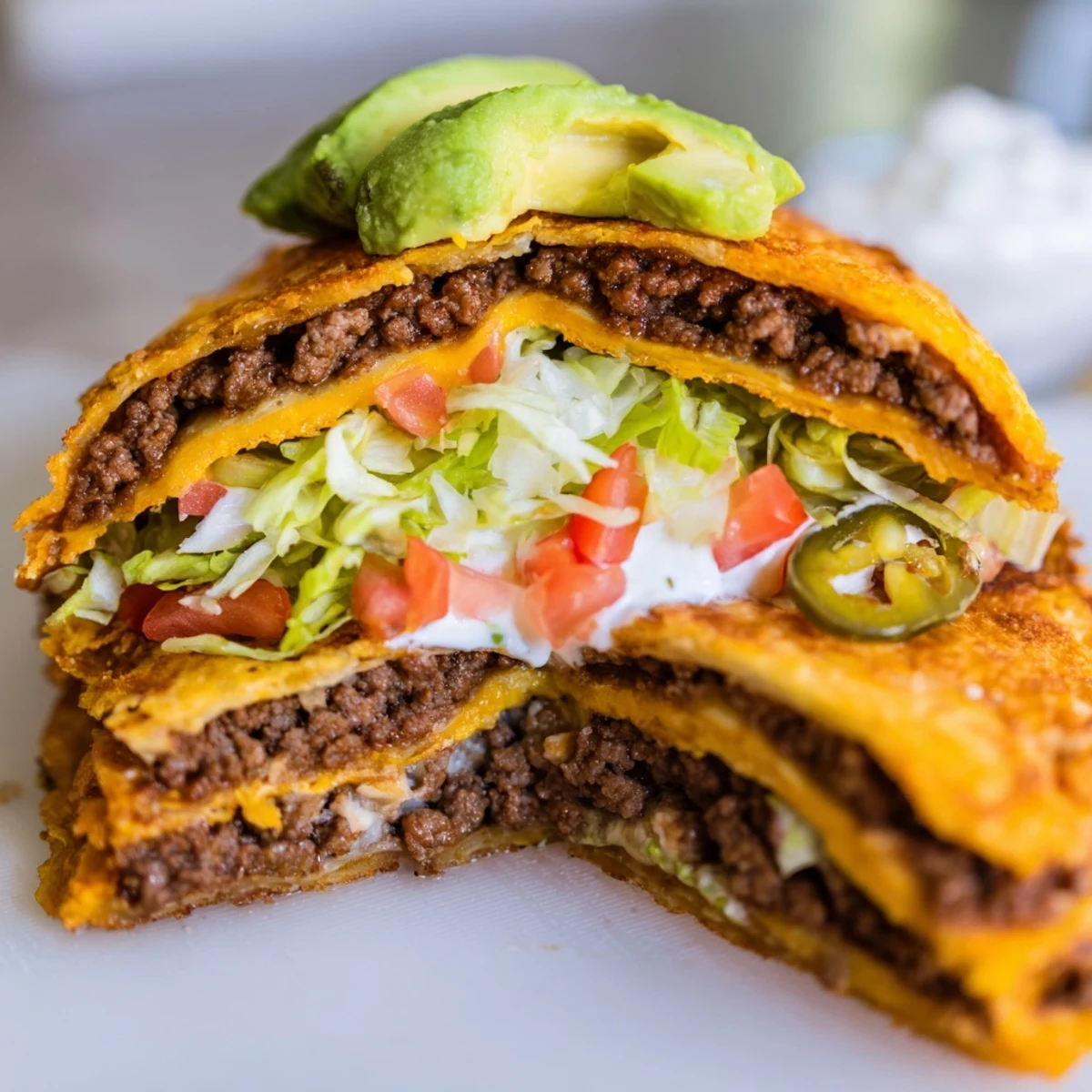 Crispy low-carb crunchwrap skillet-cooked to perfection with a cheesy center and vibrant lettuce tomato topping
