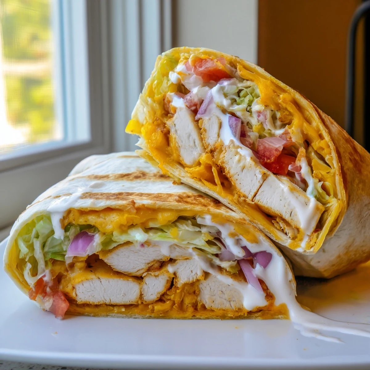 Golden brown cheesy garlic chicken wraps sliced in half on a white plate, revealing melted cheddar and mozzarella with crisp lettuce and tomato filling.