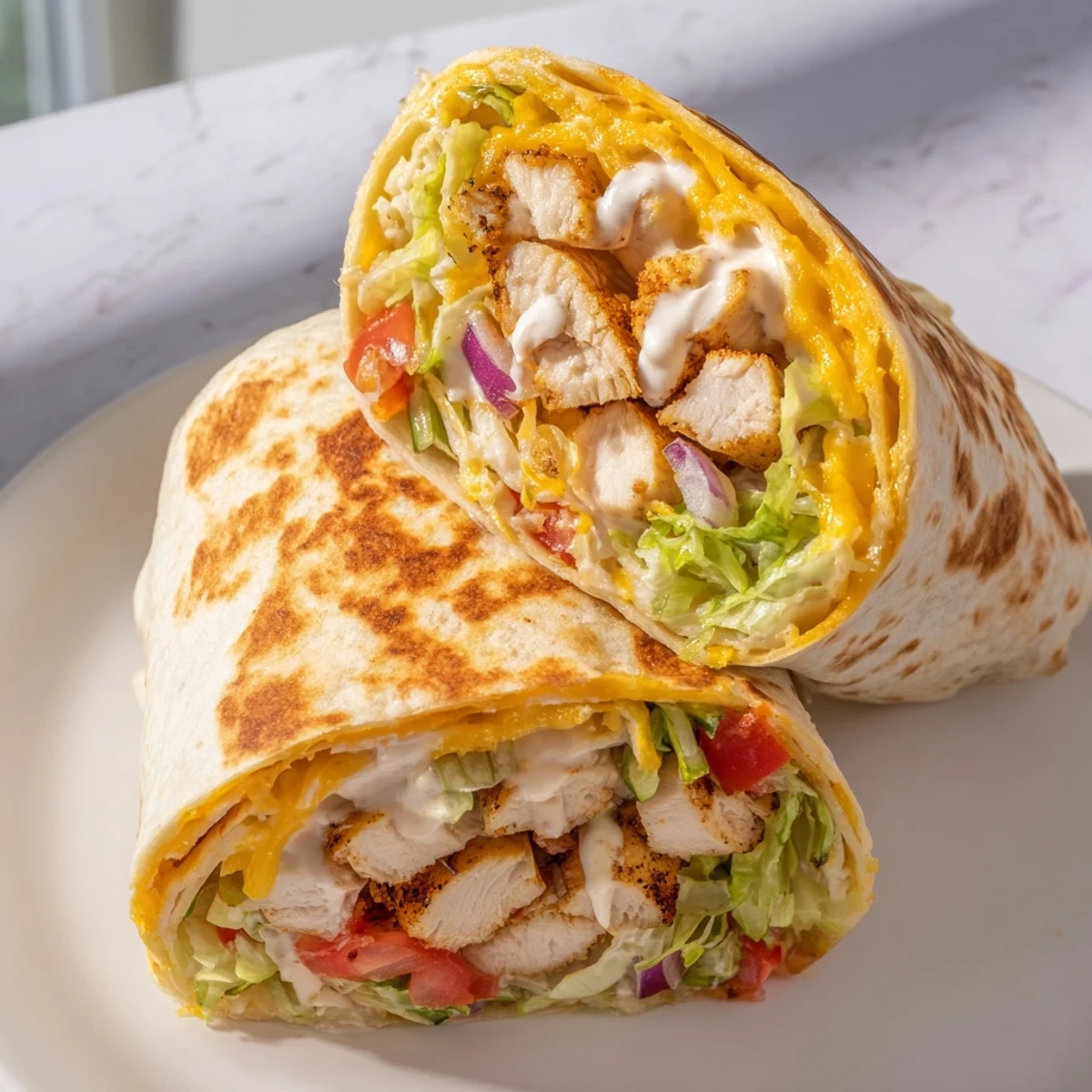 Warm flour tortilla overflowing with seasoned chicken strips, zesty garlic sauce, and shredded cheese ready for a quick satisfying lunch or dinner.