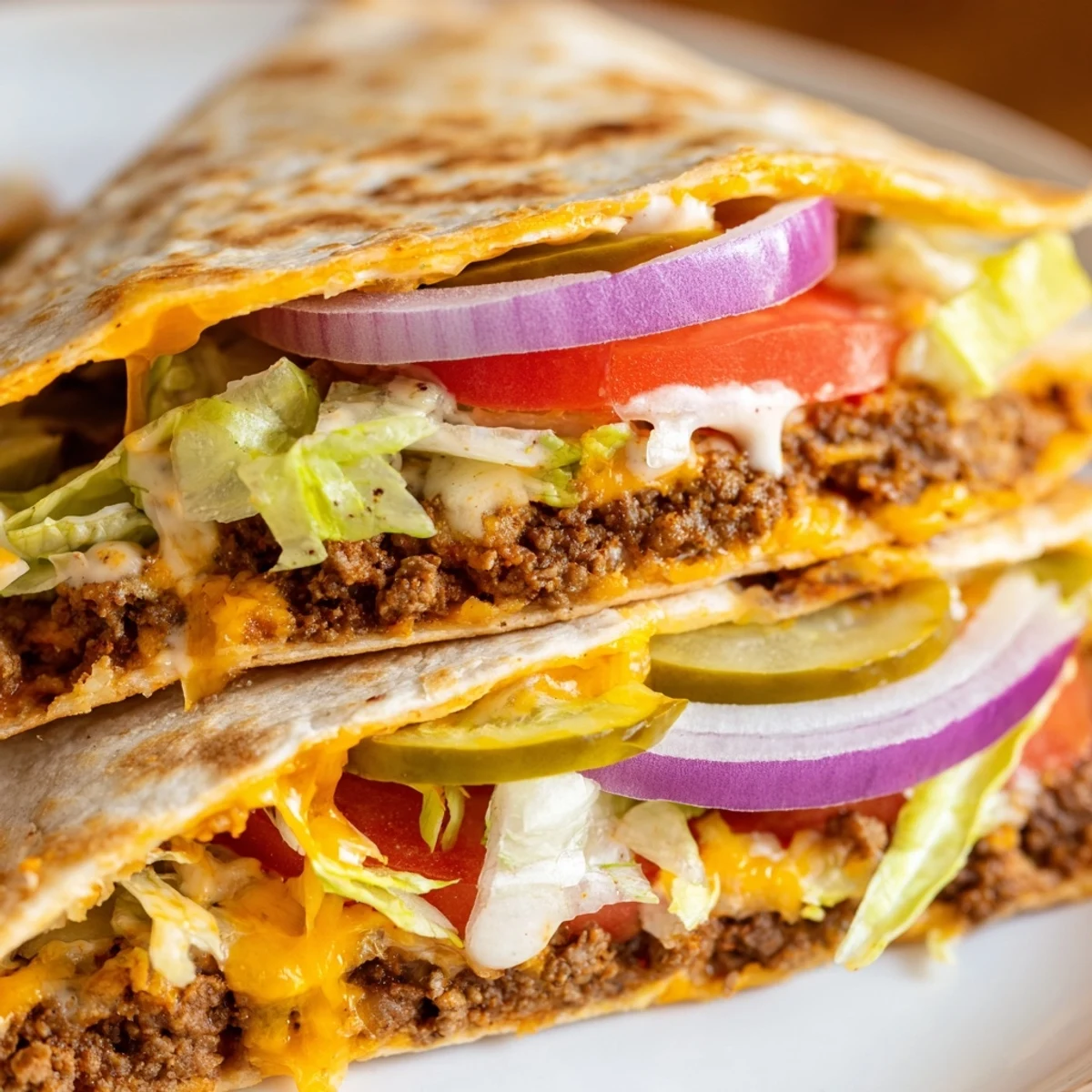Crispy flour tortilla folded over juicy seasoned beef patty with gooey melted cheese inside
