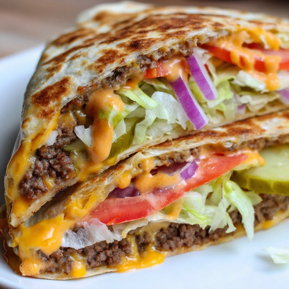 Golden brown smashburger quesadilla with melted cheddar and fresh vegetable toppings on white plate