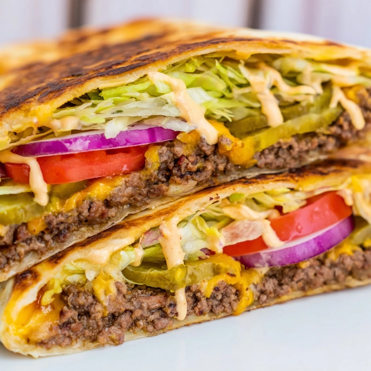 Sliced quesadilla wedges showing layers of smashed ground beef, cheese, lettuce, tomato, and pickles
