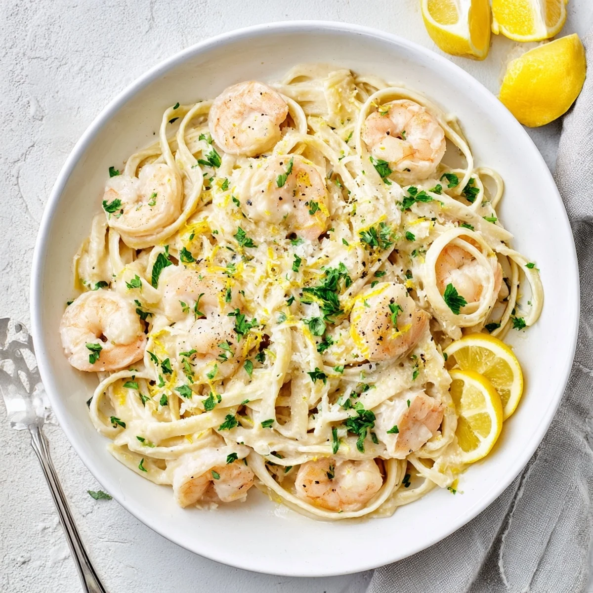 Plated shrimp scampi garlic cream pasta garnished with fresh parsley and grated parmesan