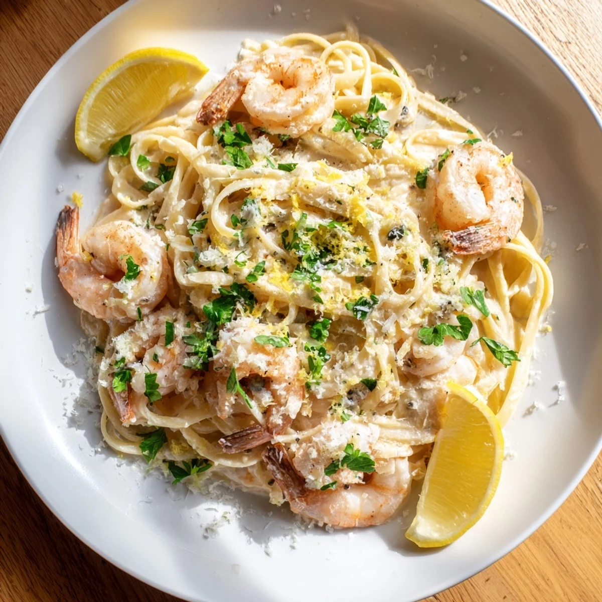 Golden shrimp scampi garlic cream pasta tossed in silky white wine lemon sauce
