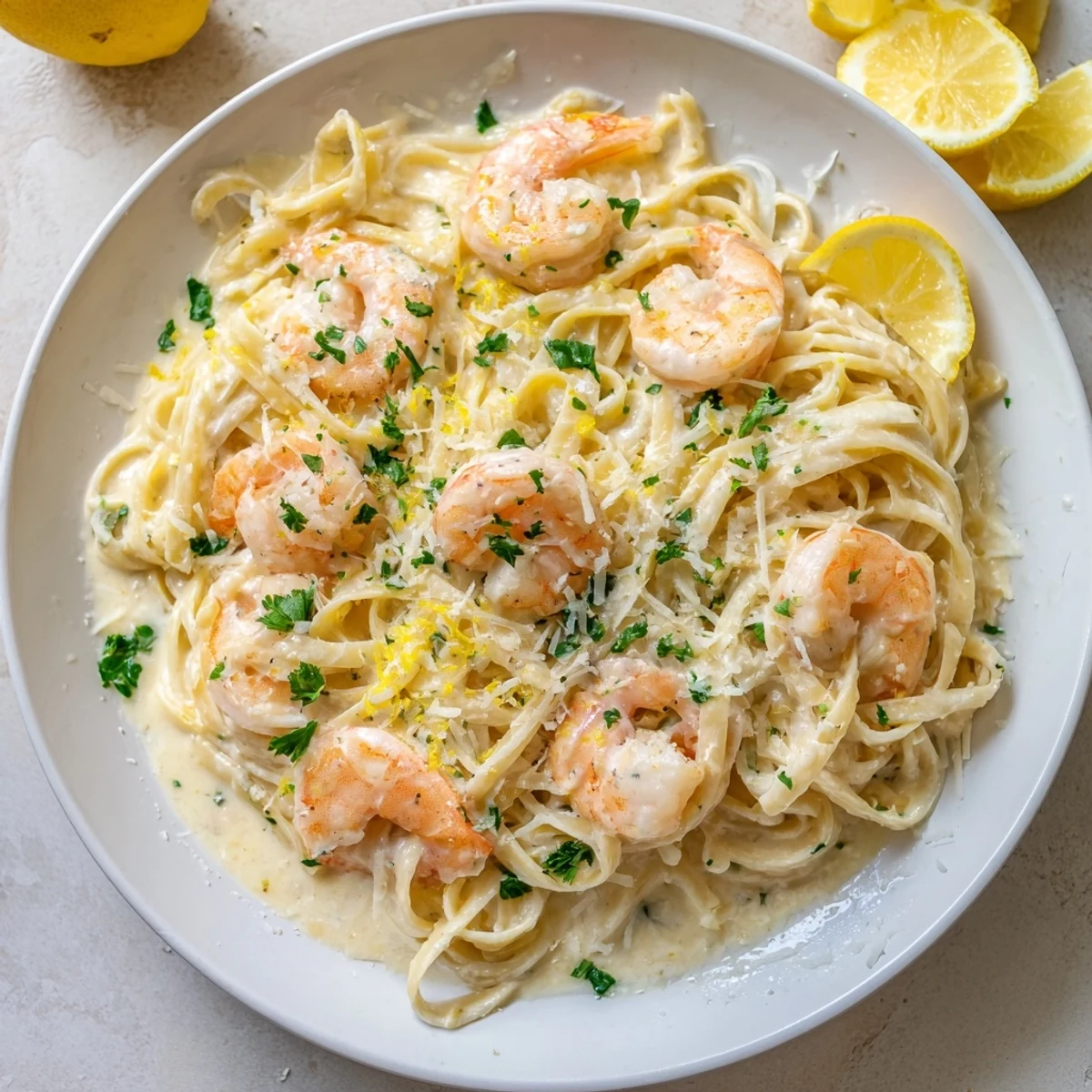 Close-up of shrimp scampi garlic cream pasta with succulent shrimp coated in rich sauce