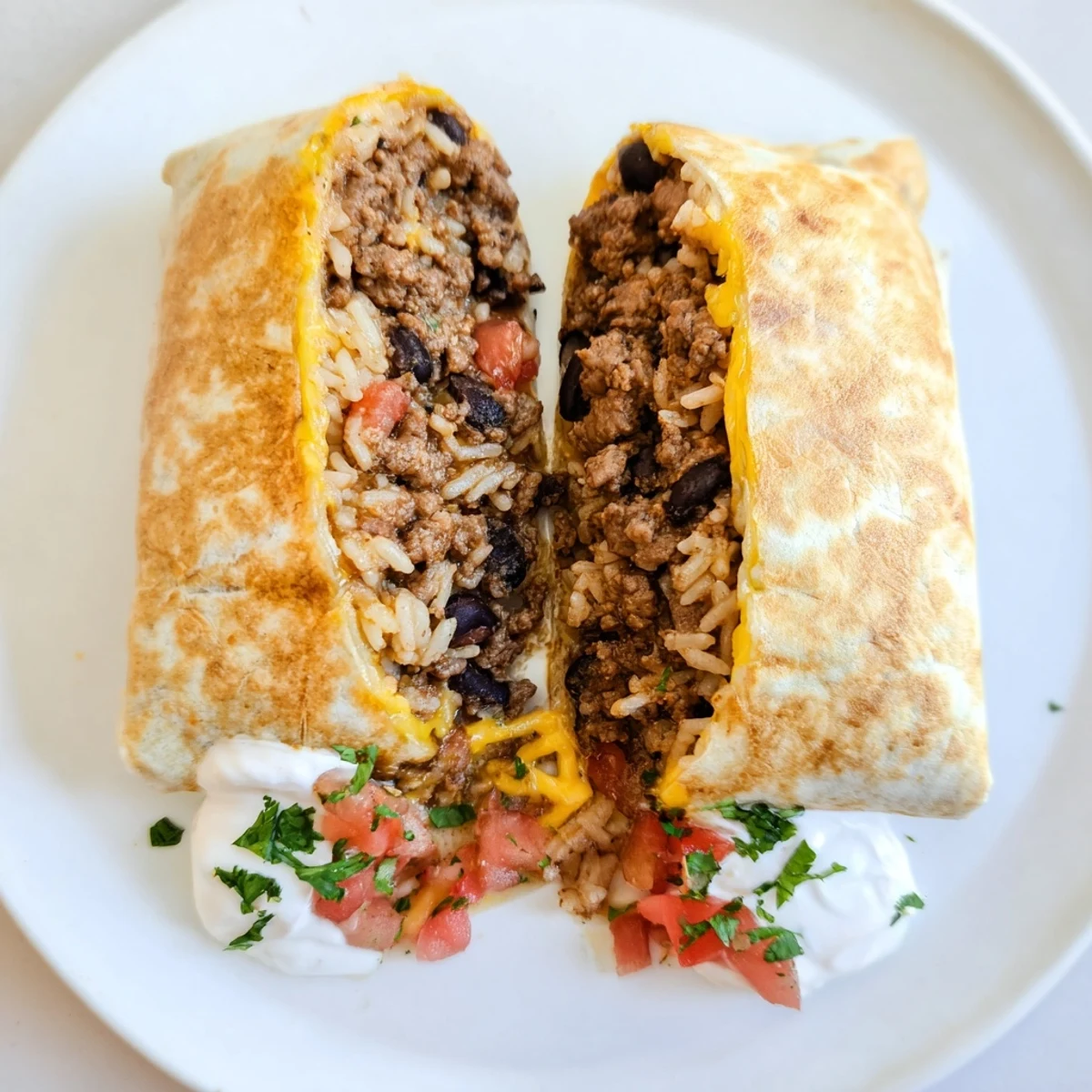 Golden grilled cheese burrito sliced open revealing seasoned beef, melted cheddar and Monterey Jack cheese, rice, beans, and colorful toppings