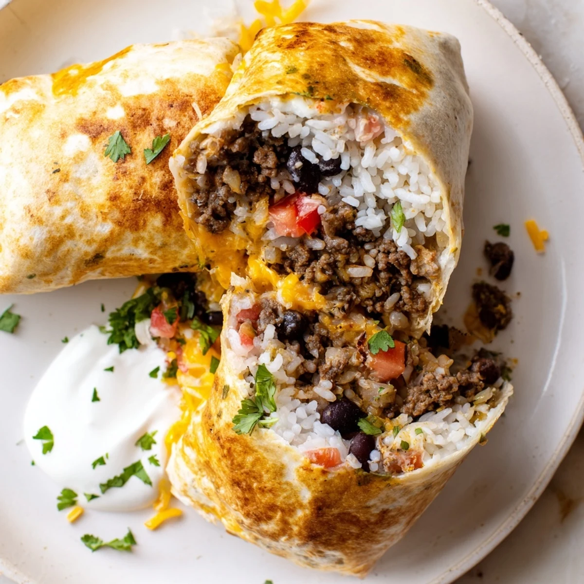 Crispy butter-grilled grilled cheese burrito with savory spiced beef filling oozing melted cheese and fresh Mexican toppings