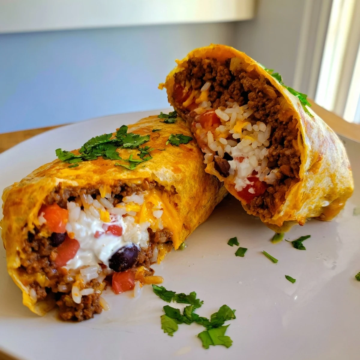 Sizzling grilled cheese burrito with golden tortilla exterior packed with taco-seasoned beef, rice, black beans, and double cheese