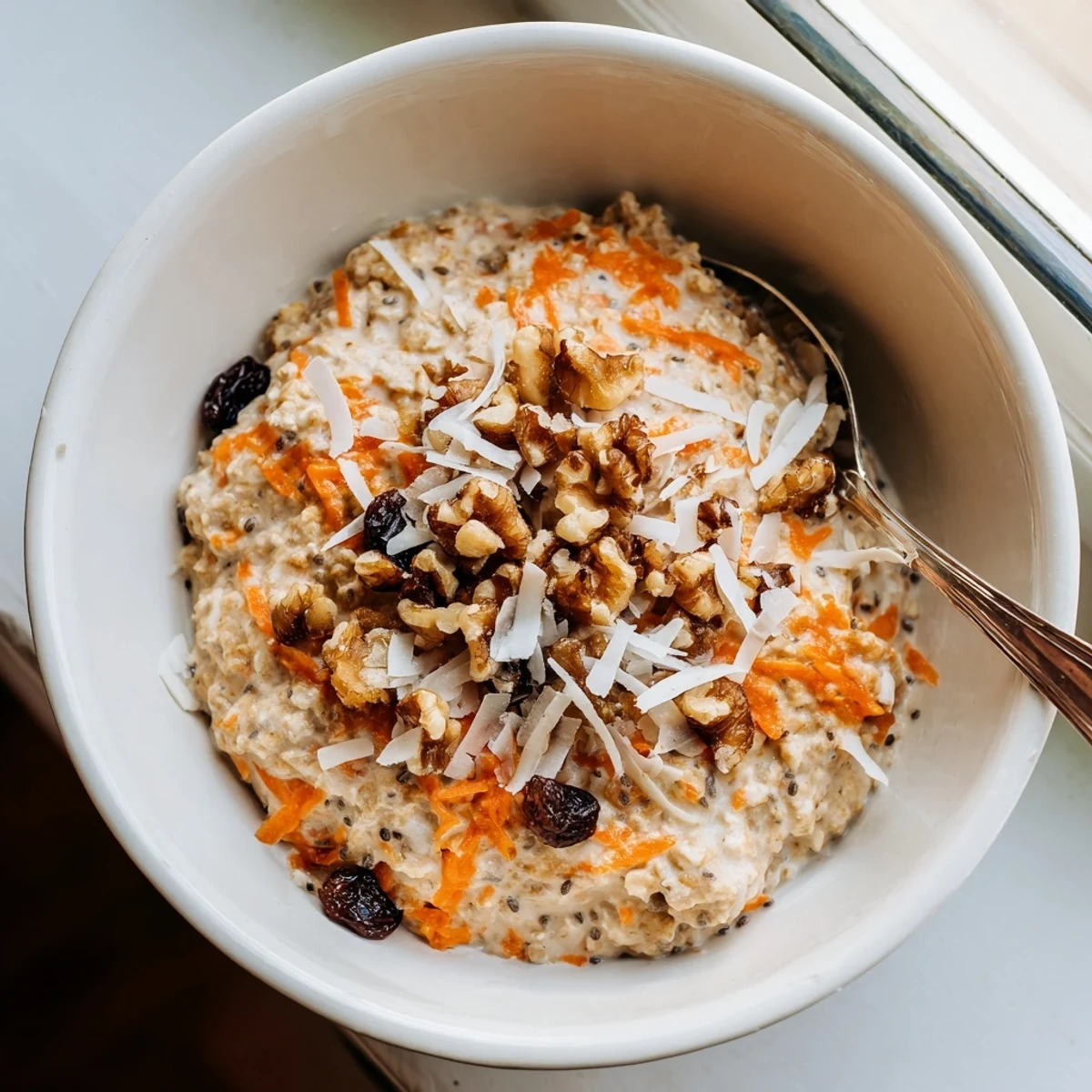 Wholesome breakfast bowl spiced with cinnamon and nutmeg featuring grated carrot and plump raisins