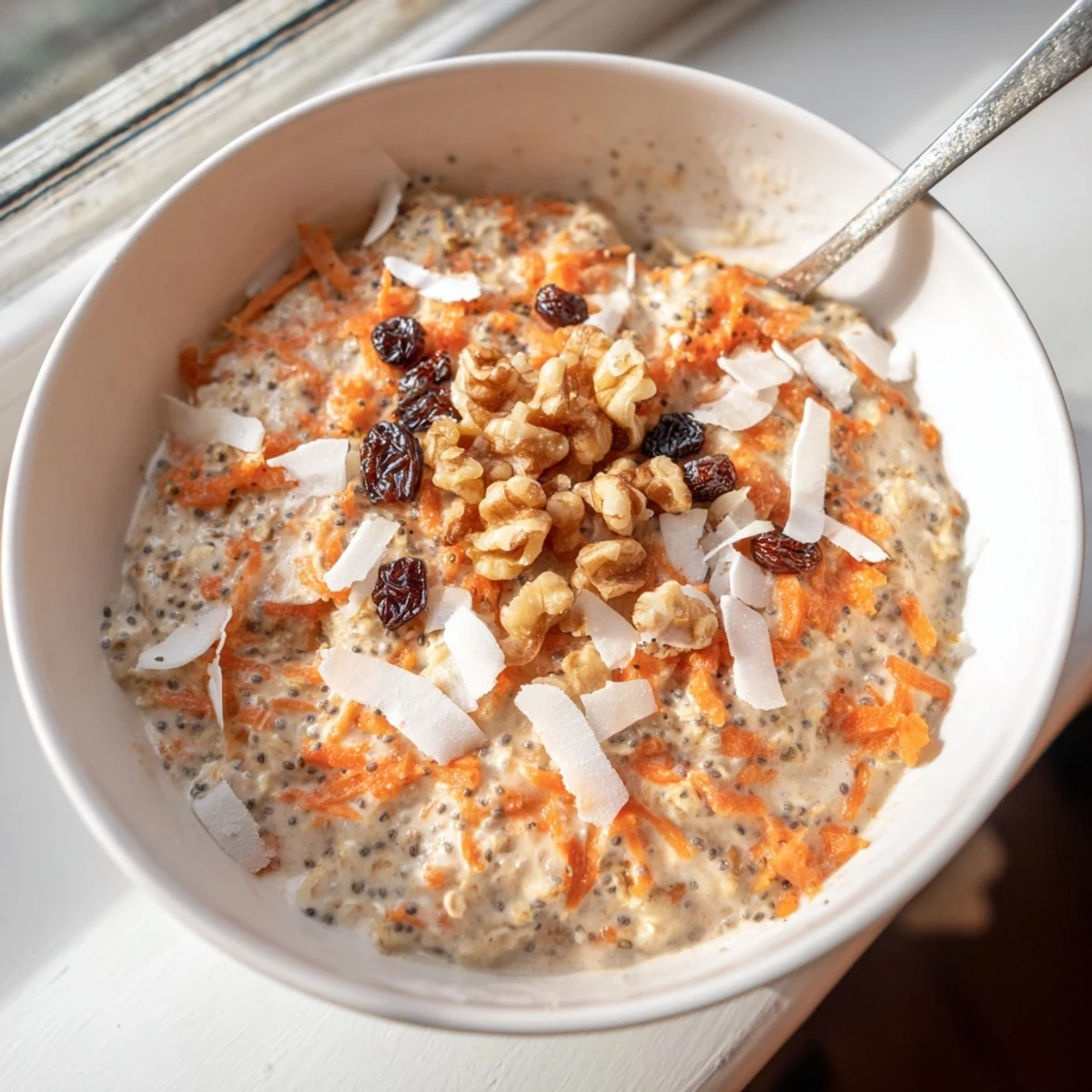 Creamy carrot cake overnight oats topped with chopped walnuts and shredded coconut in a glass jar