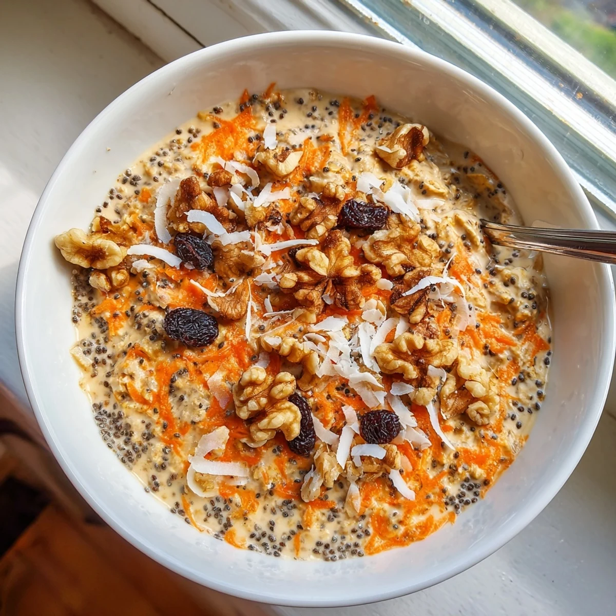 Make-ahead carrot cake overnight oats layered with Greek yogurt and topped with crunchy pecans