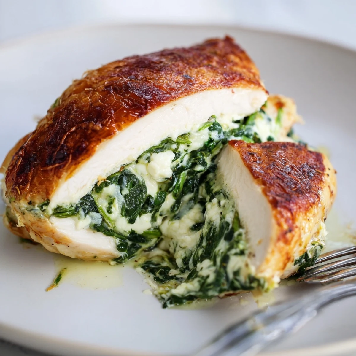 Juicy stuffed chicken featuring creamy spinach ricotta filling with a crispy golden cheese crust