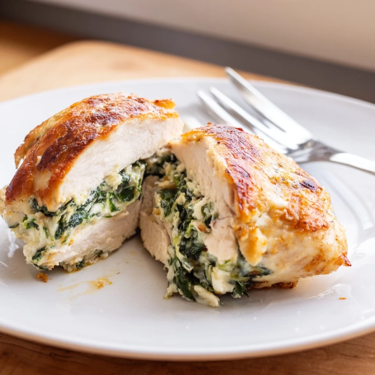 Golden baked spinach ricotta chicken breasts topped with melted parmesan and fresh herbs
